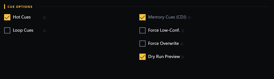 The cue options available in KimiCue